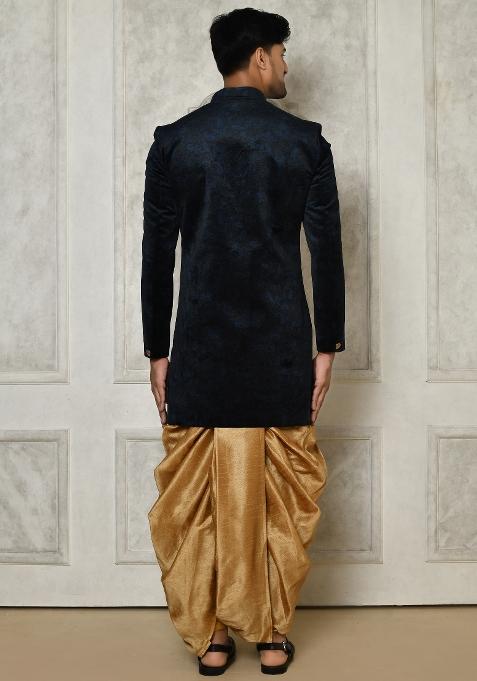 Navy Blue Embroidered Jacquard Indo Western Sherwani Set For Men