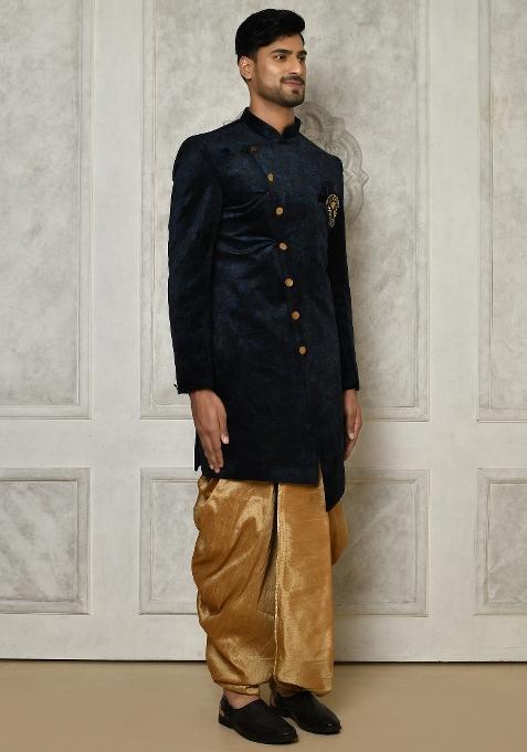 Navy Blue Embroidered Jacquard Indo Western Sherwani Set For Men