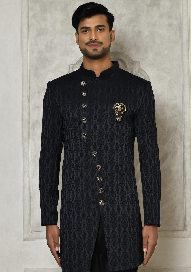 Navy Blue Embroidered Royal Satin Indo Western Sherwani For Men