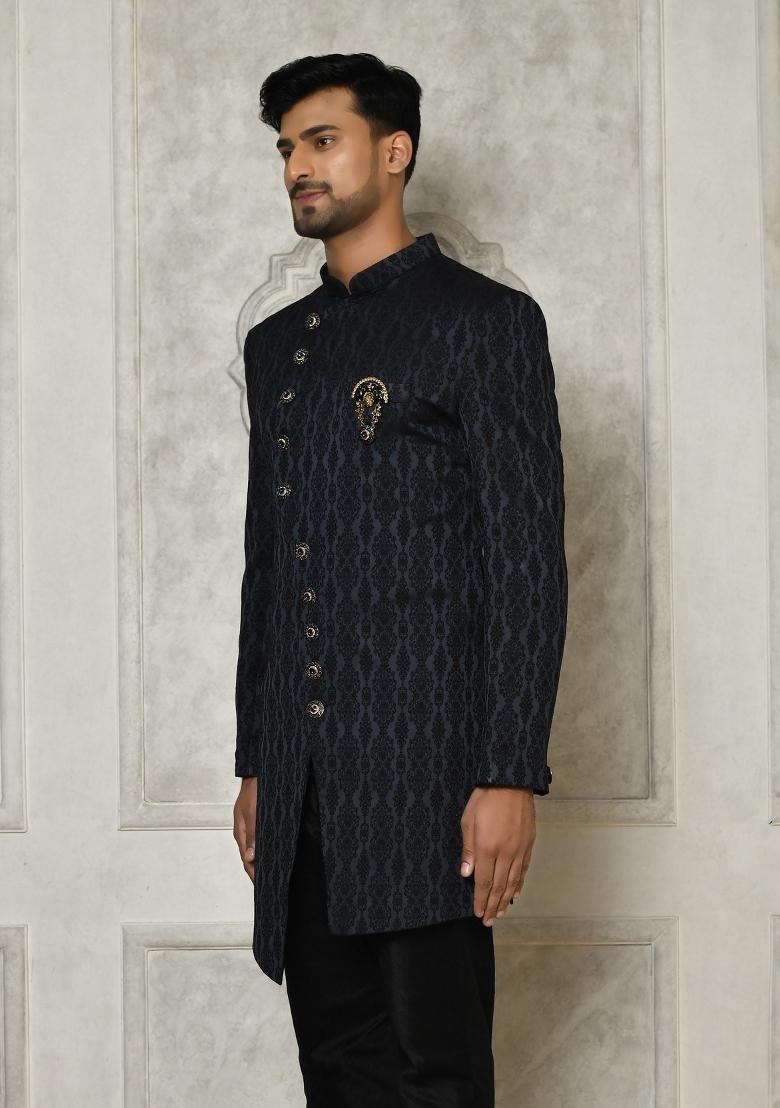 Navy Blue Embroidered Royal Satin Indo Western Sherwani For Men