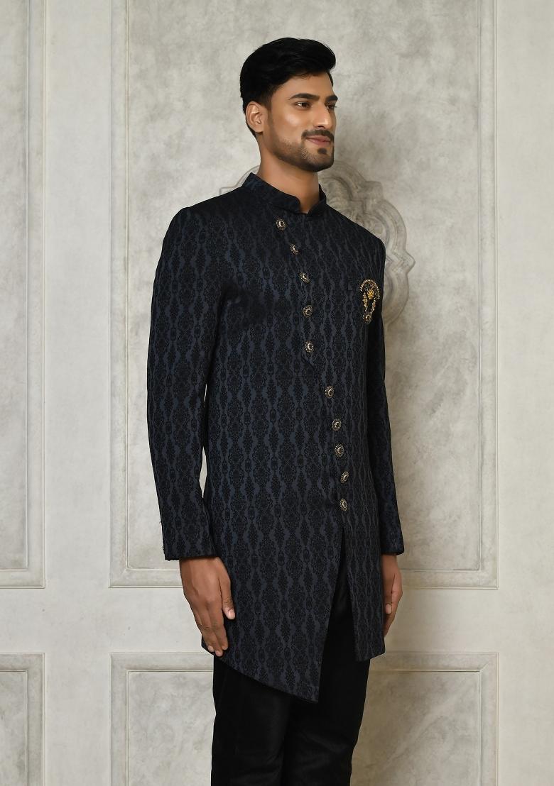 Navy Blue Embroidered Royal Satin Indo Western Sherwani For Men