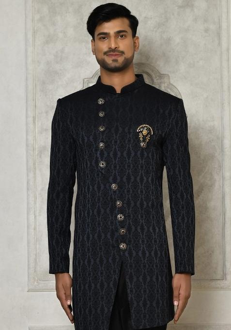 Navy Blue Embroidered Royal Satin Indo Western Sherwani For Men