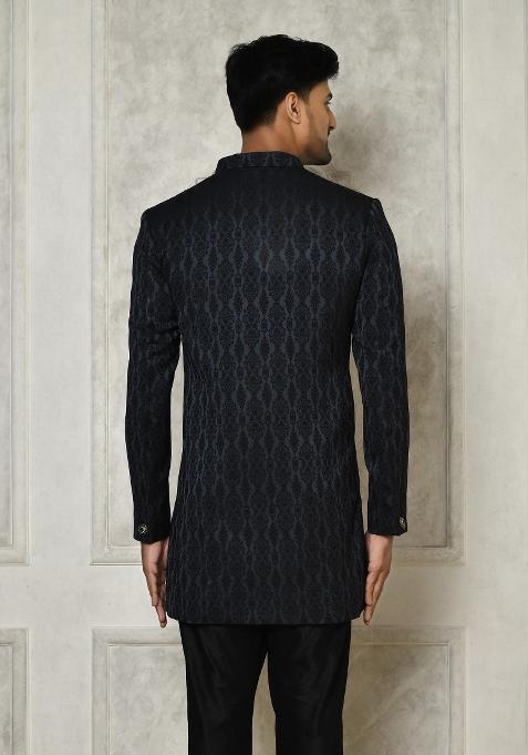 Navy Blue Embroidered Royal Satin Indo Western Sherwani For Men