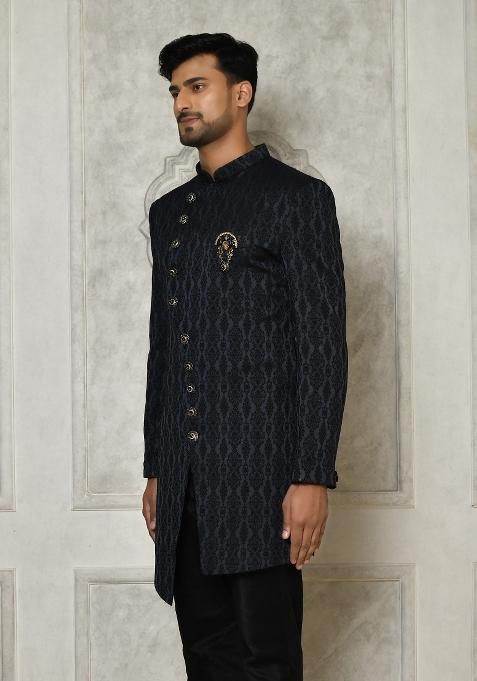 Navy Blue Embroidered Royal Satin Indo Western Sherwani For Men