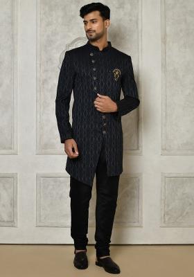 Navy Blue Embroidered Royal Satin Indo Western Sherwani Set For Men