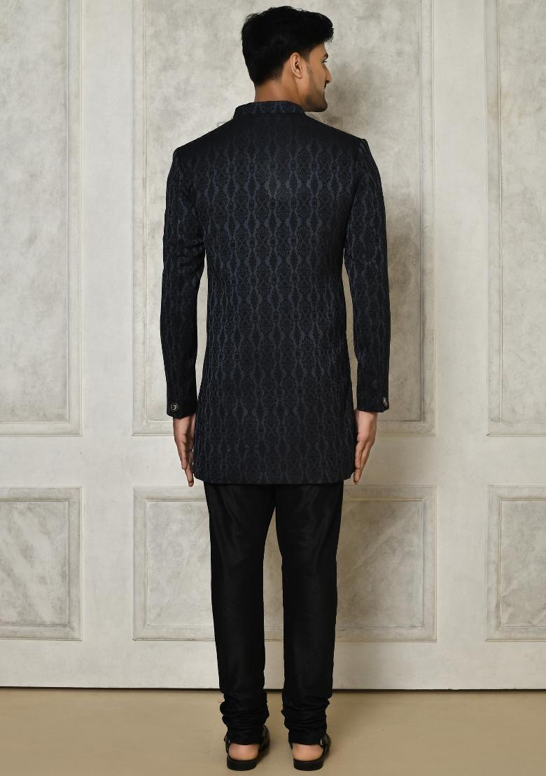 Navy Blue Embroidered Royal Satin Indo Western Sherwani Set For Men