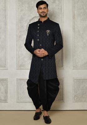 Navy Blue Embroidered Royal Satin Indo Western Sherwani Set For Men