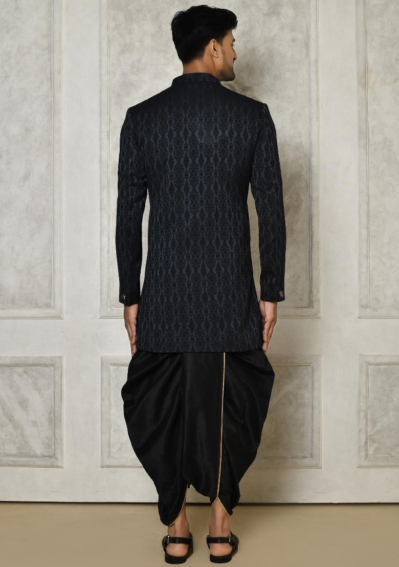 Navy Blue Embroidered Royal Satin Indo Western Sherwani Set For Men