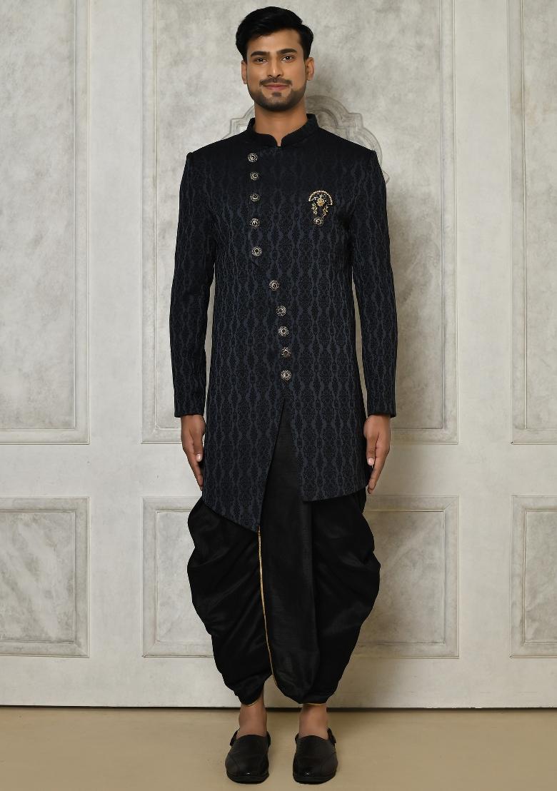 Navy Blue Embroidered Royal Satin Indo Western Sherwani Set For Men