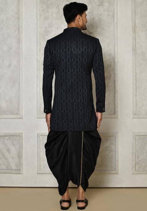 Navy Blue Embroidered Royal Satin Indo Western Sherwani Set For Men