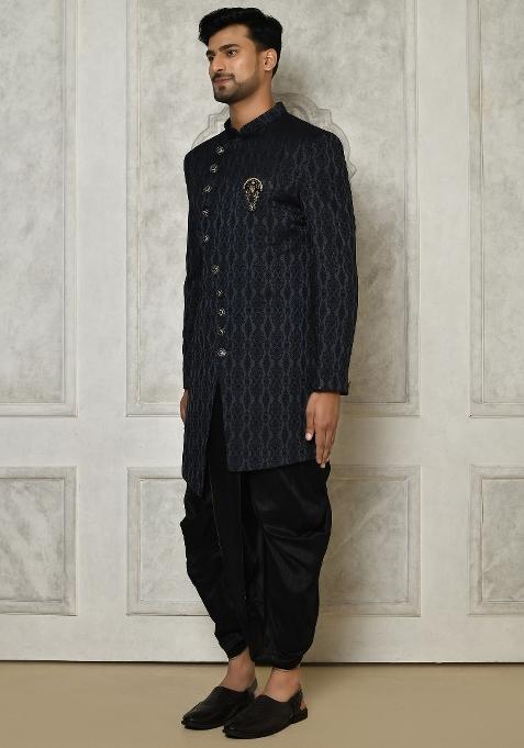 Navy Blue Embroidered Royal Satin Indo Western Sherwani Set For Men