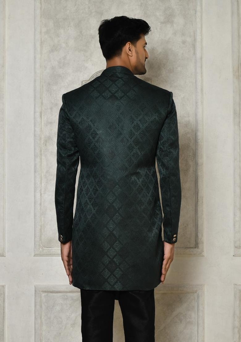 Bottle Green Embroidered Jacquard Indo Western Sherwani For Men