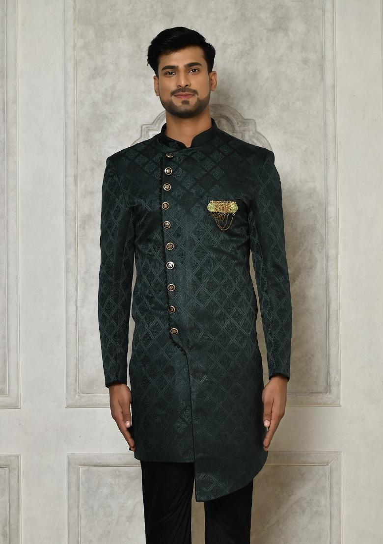 Bottle Green Embroidered Jacquard Indo Western Sherwani For Men