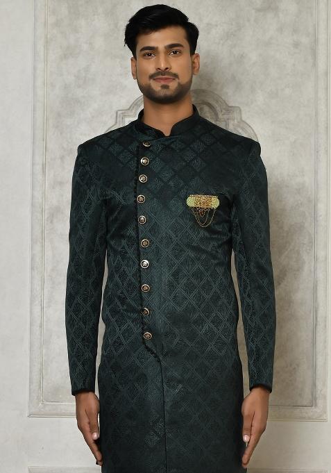 Bottle Green Embroidered Jacquard Indo Western Sherwani For Men — view on Indya