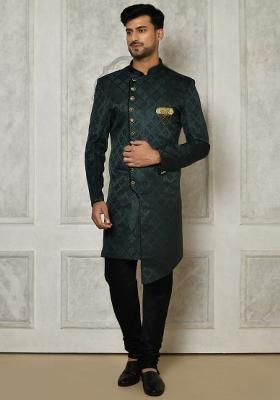 Bottle Green Embroidered Jacquard Indo Western Sherwani Set For Men
