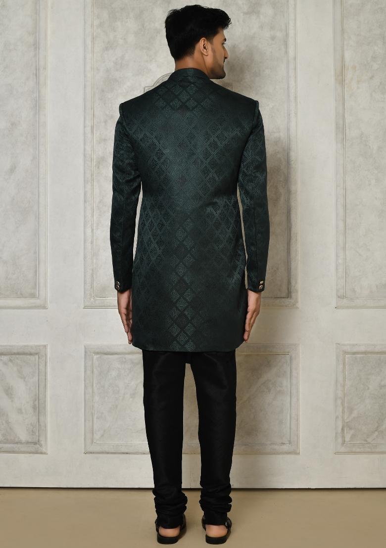 Bottle Green Embroidered Jacquard Indo Western Sherwani Set For Men