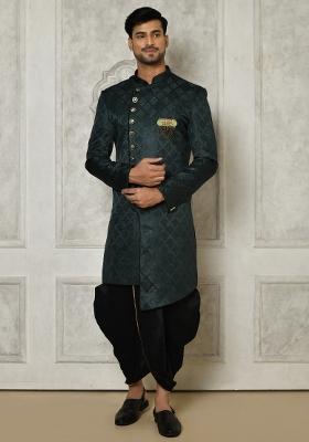 Bottle Green Embroidered Jacquard Indo Western Sherwani Set For Men