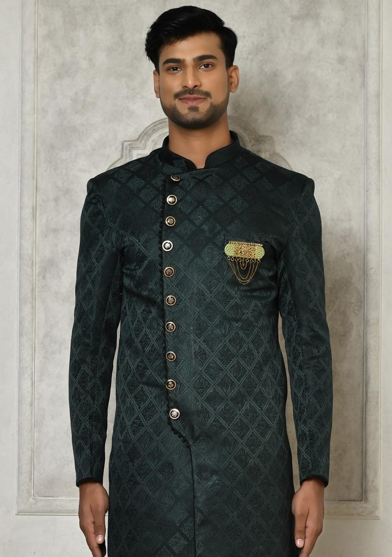 Bottle Green Embroidered Jacquard Indo Western Sherwani Set For Men