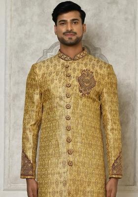 Gold Embroidered Jamewar Indo Western Sherwani For Men
