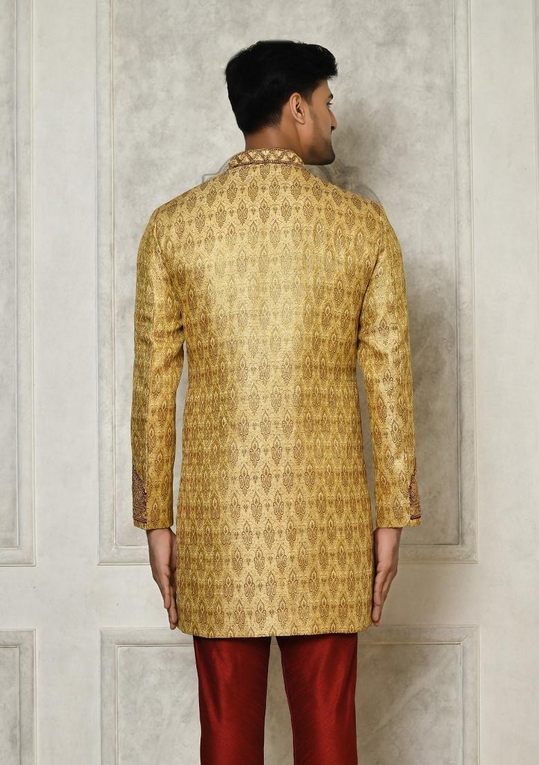 Gold Embroidered Jamewar Indo Western Sherwani For Men