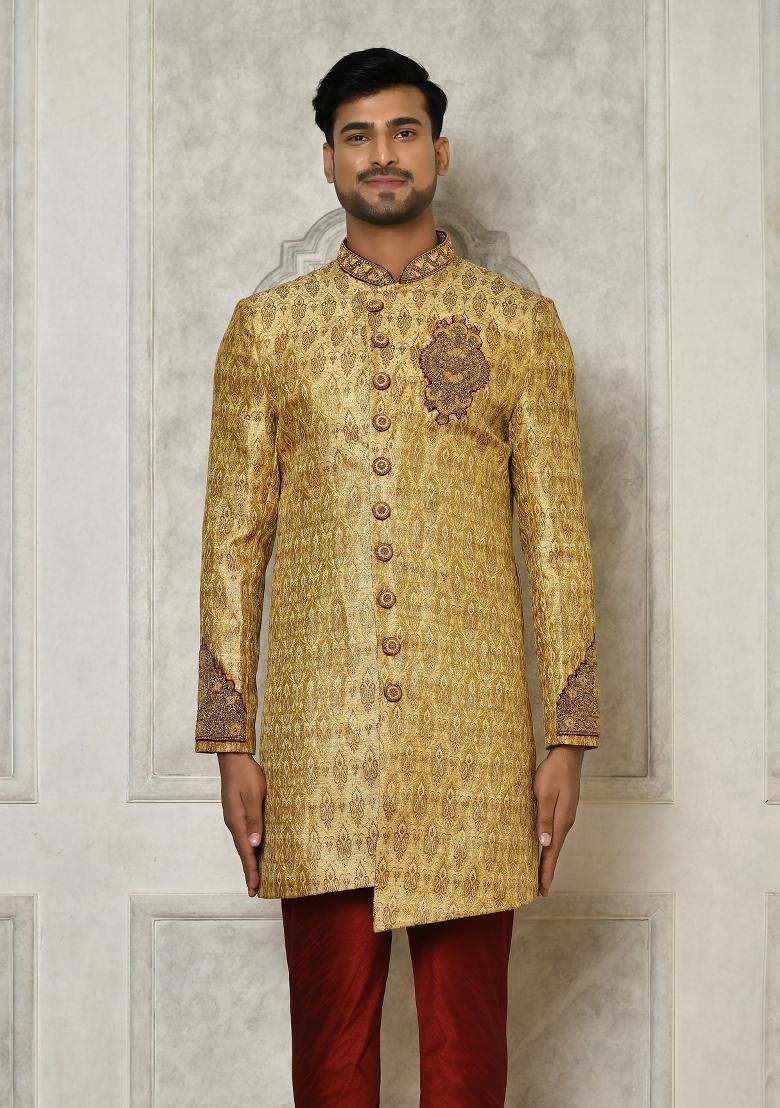 Gold Embroidered Jamewar Indo Western Sherwani For Men