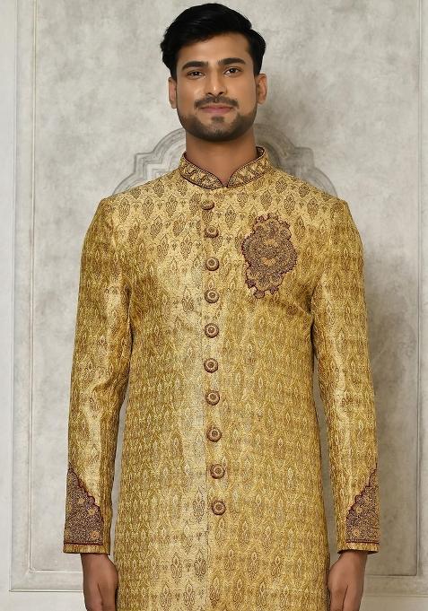 Gold Embroidered Jamewar Indo Western Sherwani For Men