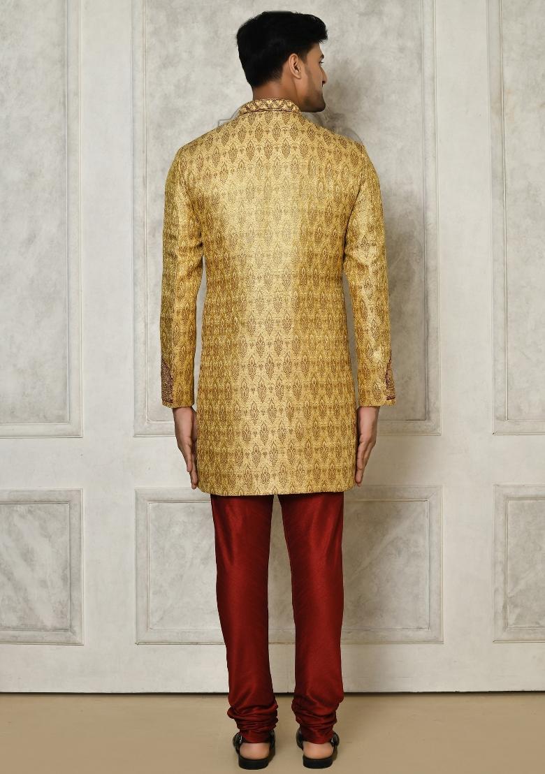 Gold Embroidered Jamewar Indo Western Sherwani Set For Men