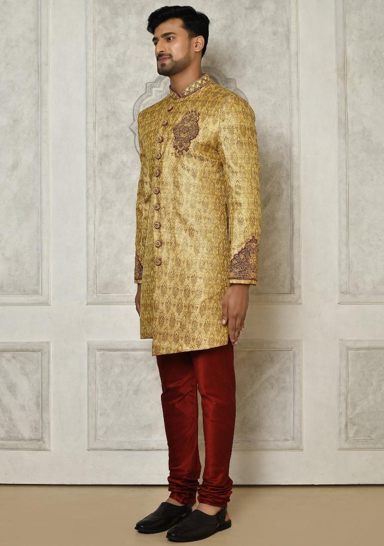 Gold Embroidered Jamewar Indo Western Sherwani Set For Men