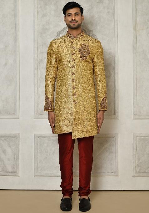 Gold Embroidered Jamewar Indo Western Sherwani Set For Men