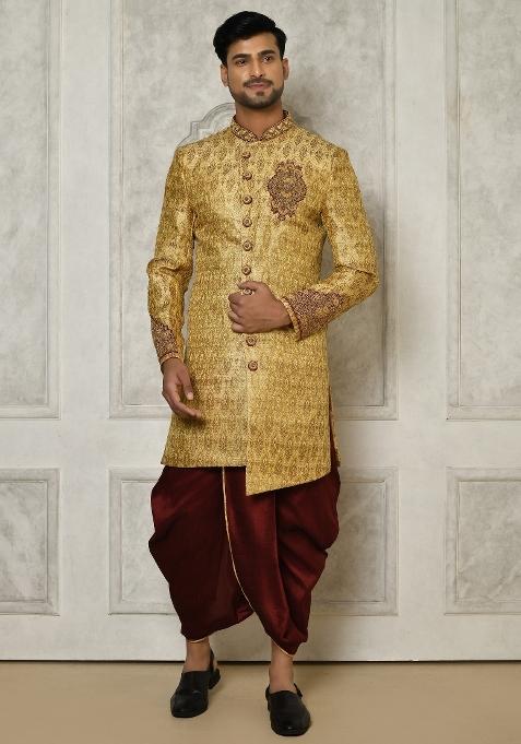 Gold Embroidered Jamewar Indo Western Sherwani Set For Men
