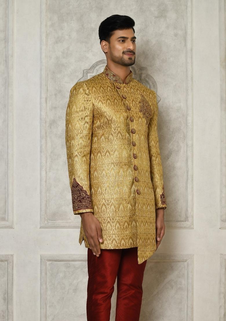 Gold Embroidered Jamewar Indo Western Sherwani For Men