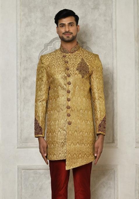 Gold Embroidered Jamewar Indo Western Sherwani For Men
