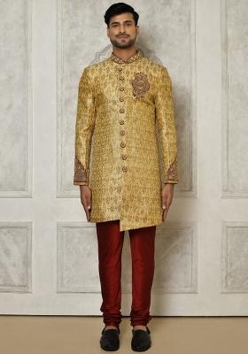 Gold Embroidered Jamewar Indo Western Sherwani Set For Men