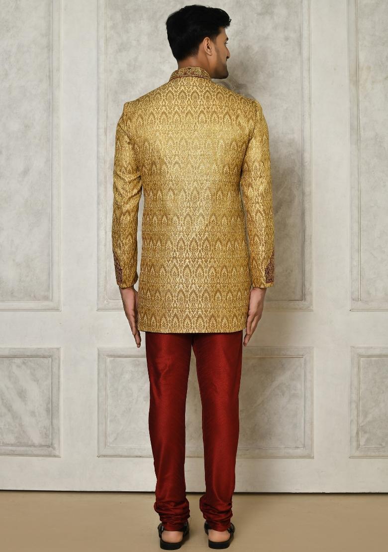 Gold Embroidered Jamewar Indo Western Sherwani Set For Men