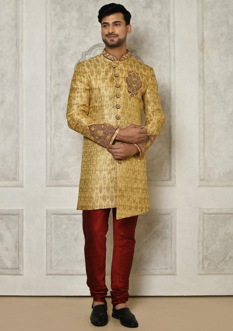 Gold Embroidered Jamewar Indo Western Sherwani Set For Men