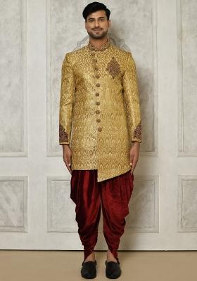 Gold Embroidered Jamewar Indo Western Sherwani Set For Men
