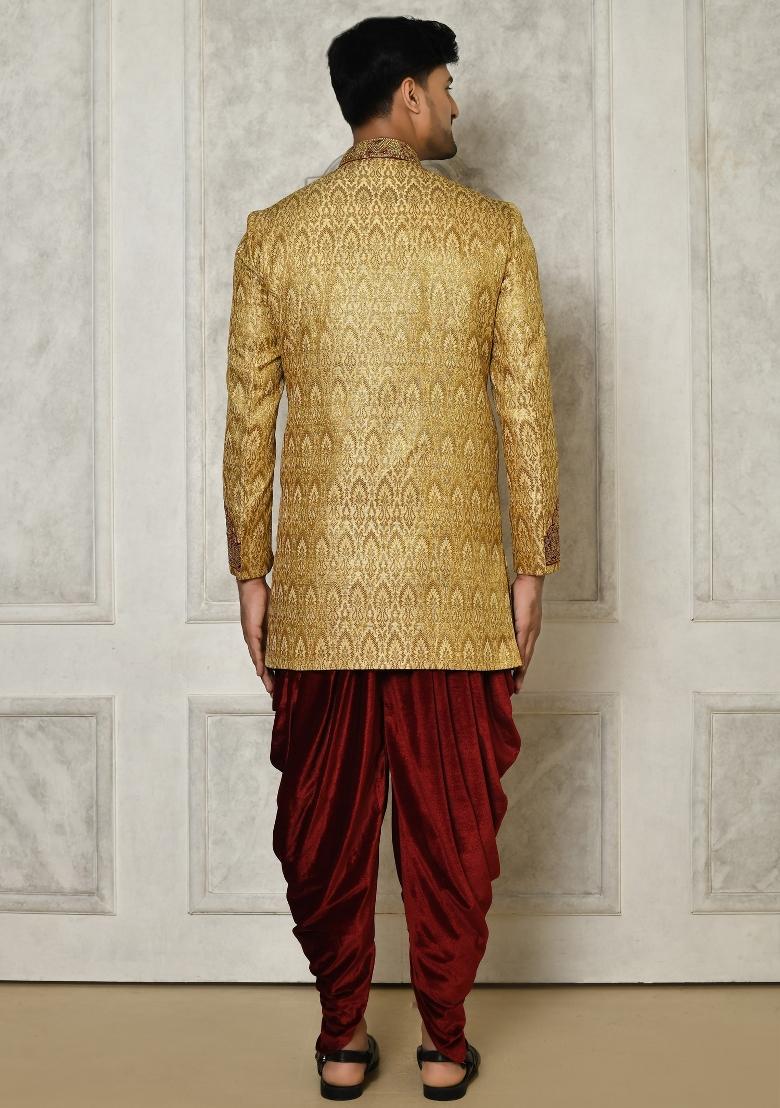 Gold Embroidered Jamewar Indo Western Sherwani Set For Men