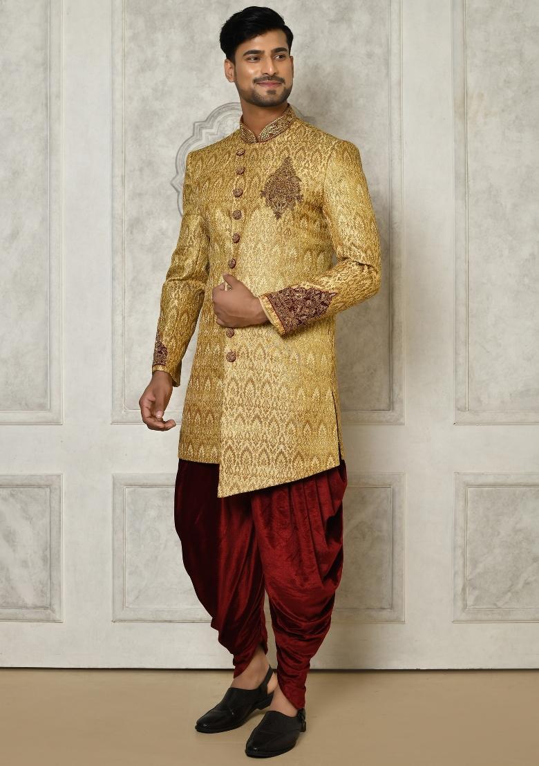 Gold Embroidered Jamewar Indo Western Sherwani Set For Men