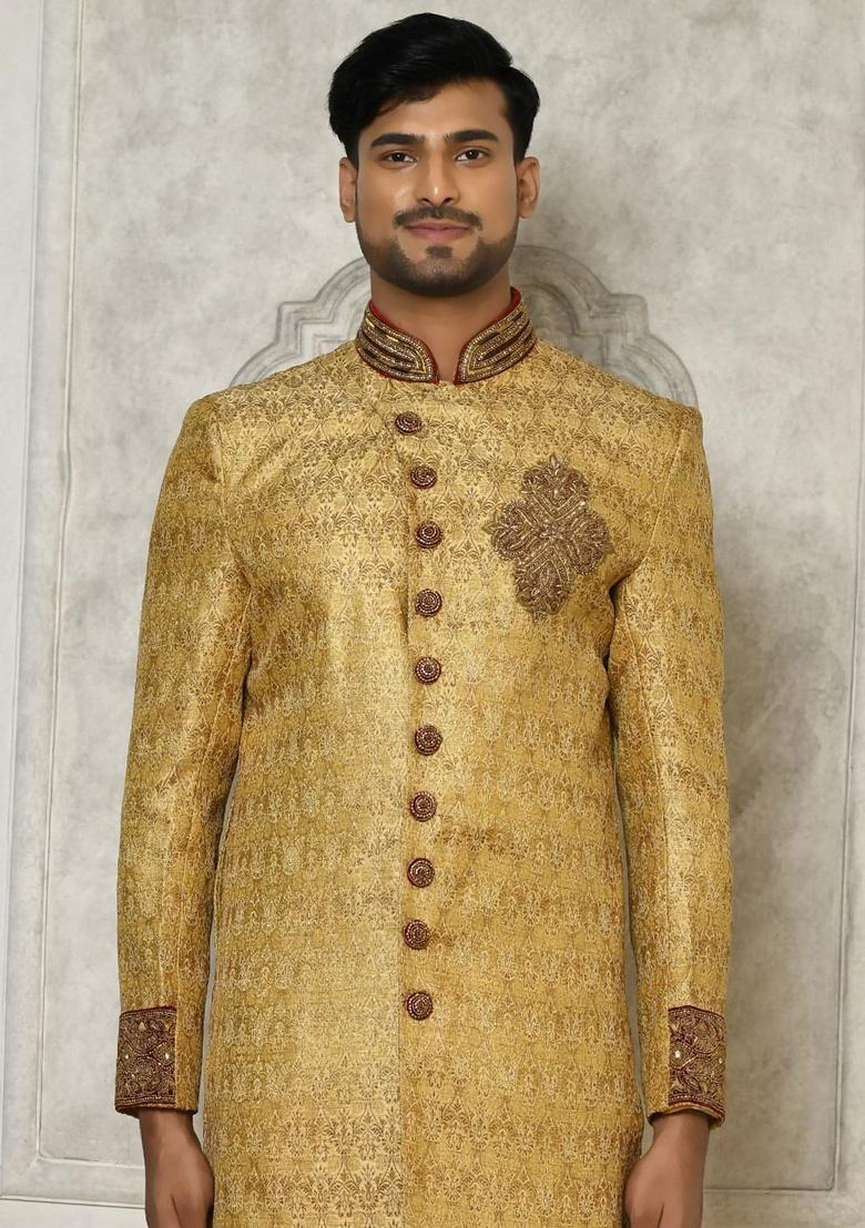 Gold Embroidered Jamewar Indo Western Sherwani For Men