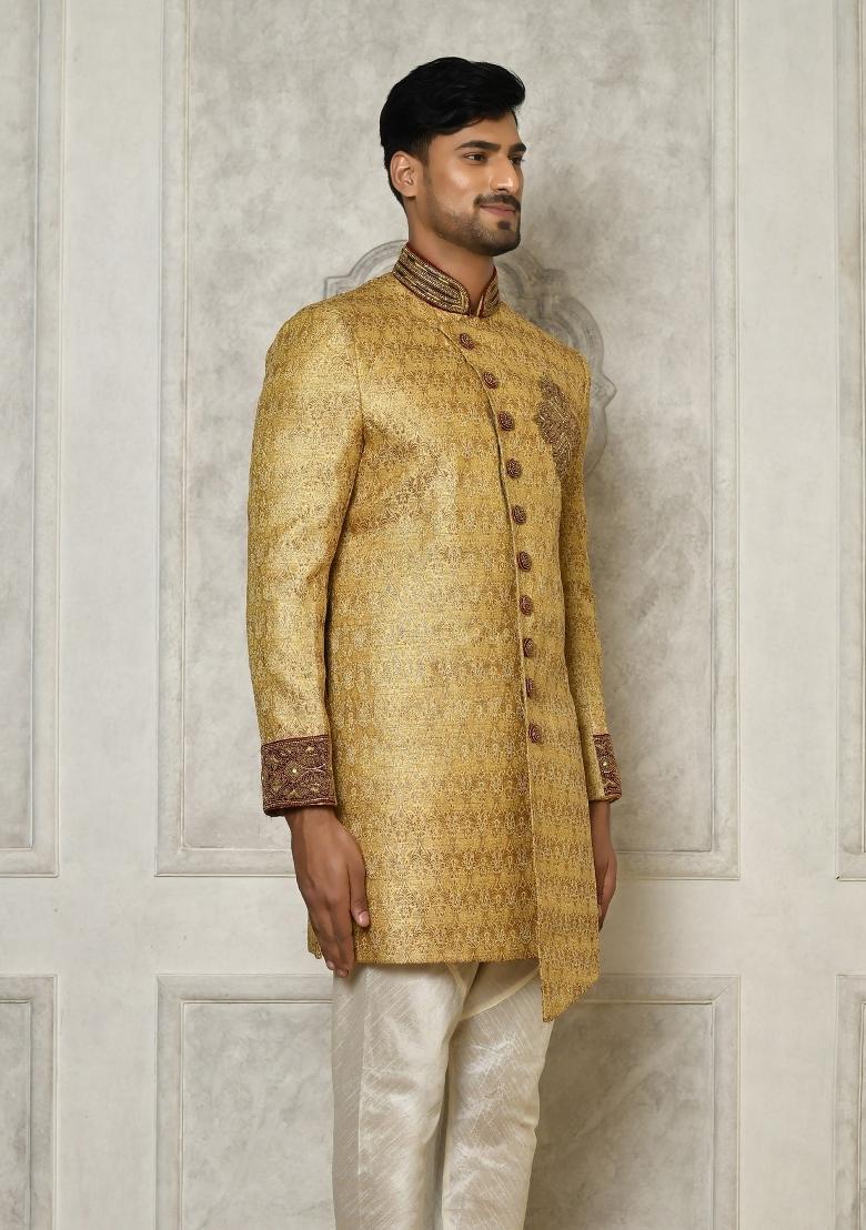 Gold Embroidered Jamewar Indo Western Sherwani For Men