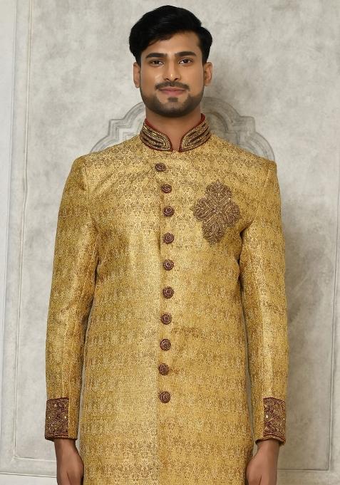 Gold Embroidered Jamewar Indo Western Sherwani For Men