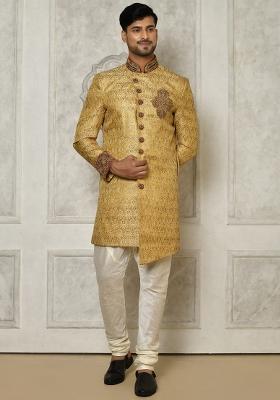 Gold Embroidered Jamewar Indo Western Sherwani Set For Men