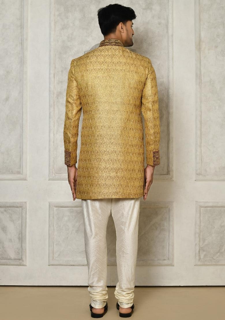 Gold Embroidered Jamewar Indo Western Sherwani Set For Men