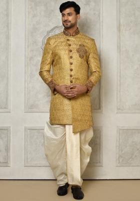 Gold Embroidered Jamewar Indo Western Sherwani Set For Men