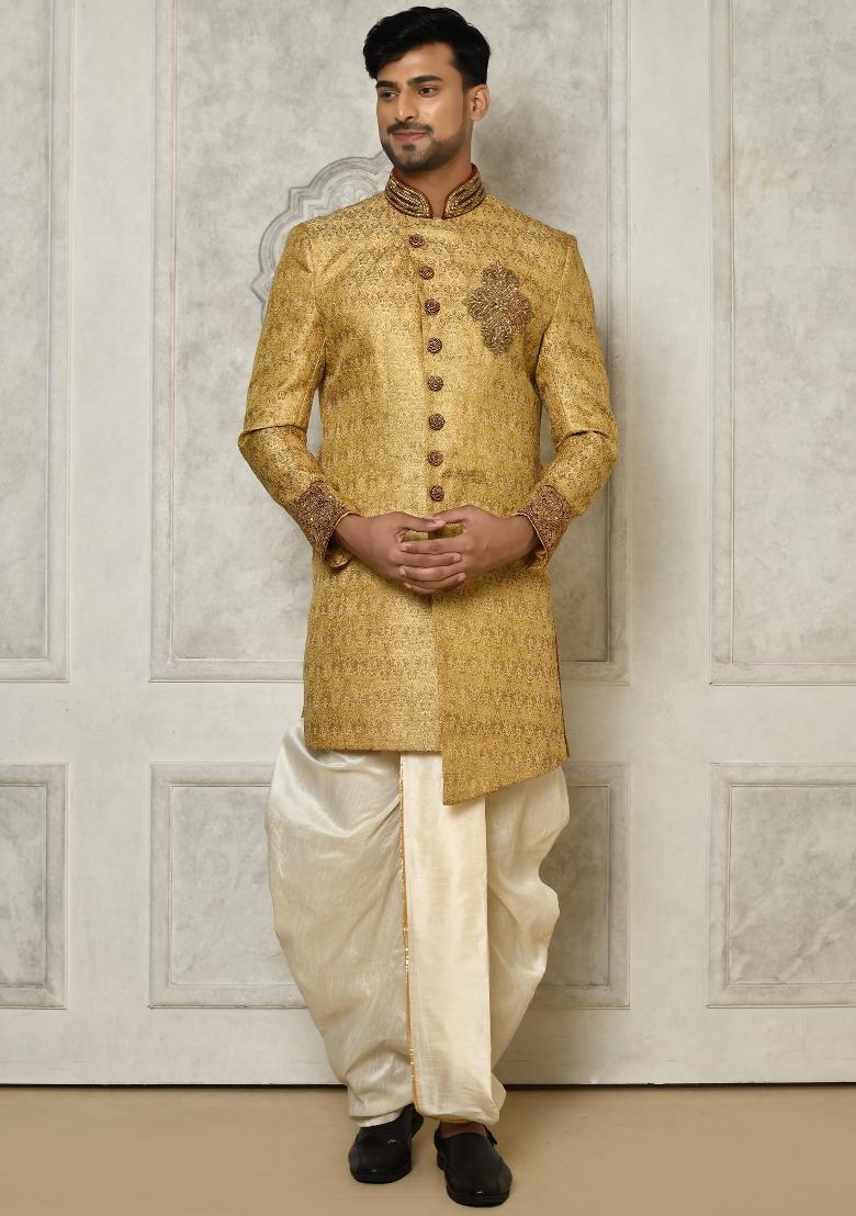 Gold Embroidered Jamewar Indo Western Sherwani Set For Men