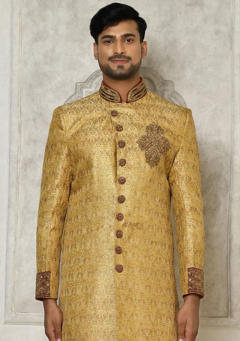 Gold Embroidered Jamewar Indo Western Sherwani Set For Men