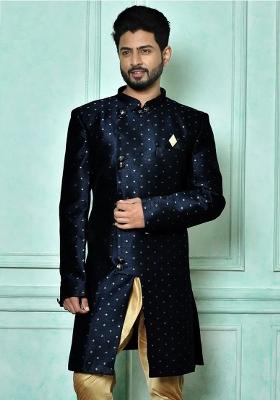 Navy Blue Embroidered Mulbury Indo Western Sherwani For Men