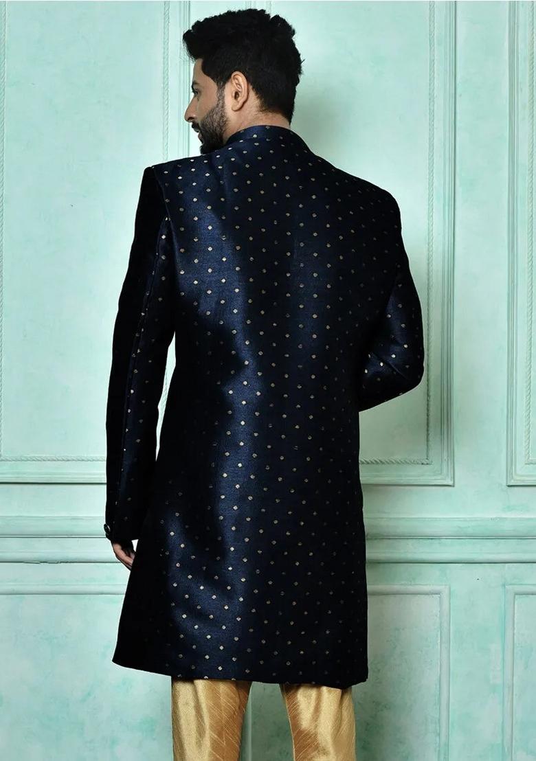 Navy Blue Embroidered Mulbury Indo Western Sherwani For Men