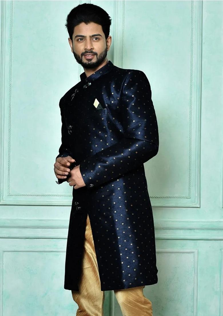 Navy Blue Embroidered Mulbury Indo Western Sherwani For Men