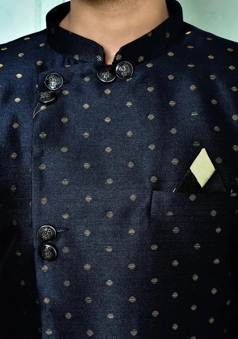 Navy Blue Embroidered Mulbury Indo Western Sherwani For Men